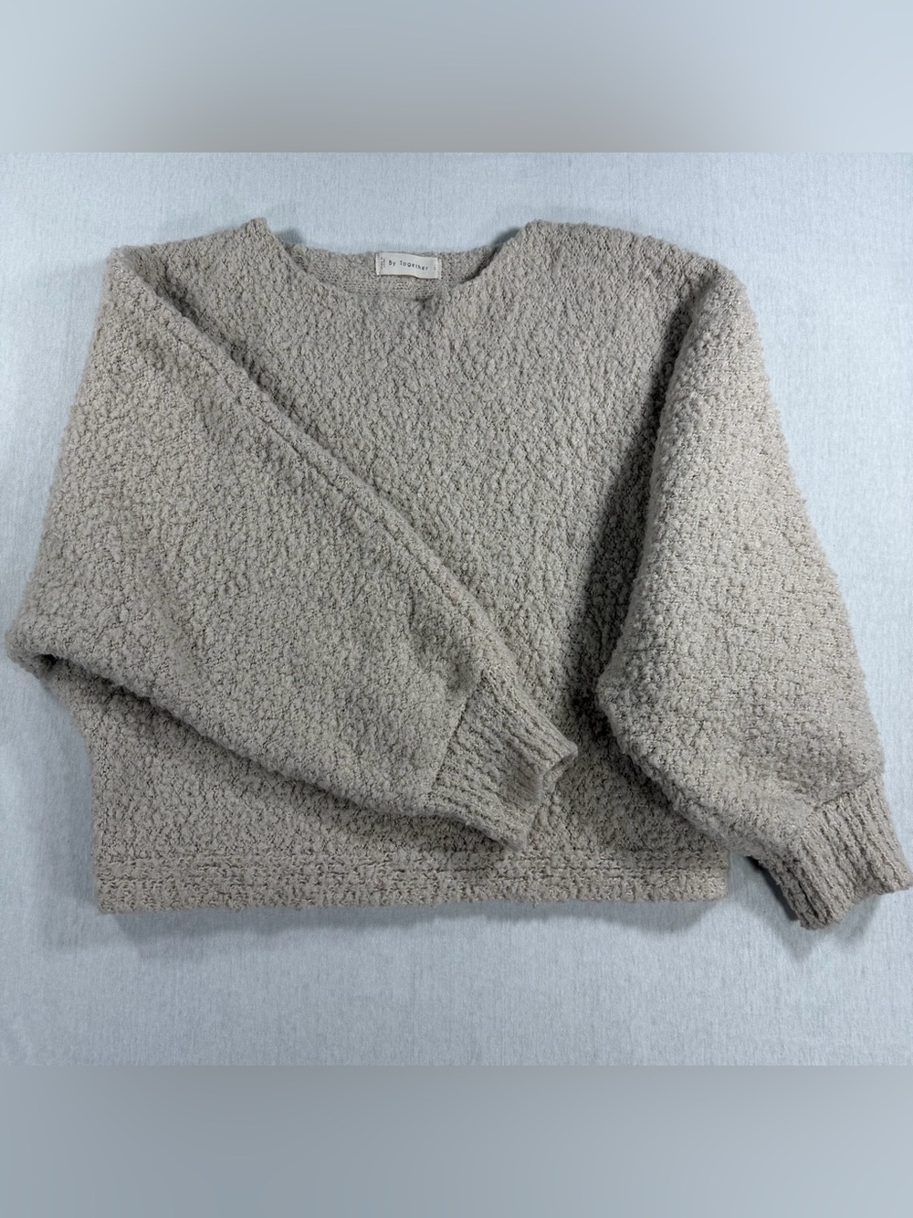 By Together Women’s Large Beige Boucle Fuzzy Knit Sweater Oversized Sleeves